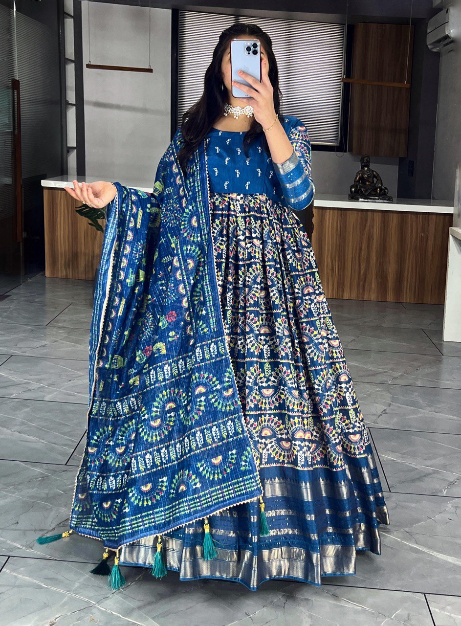 "Exquisite Soft Silk Kalamkari Printed Gown Set with Dupatta - Vibrant Colors, Elegant Design"