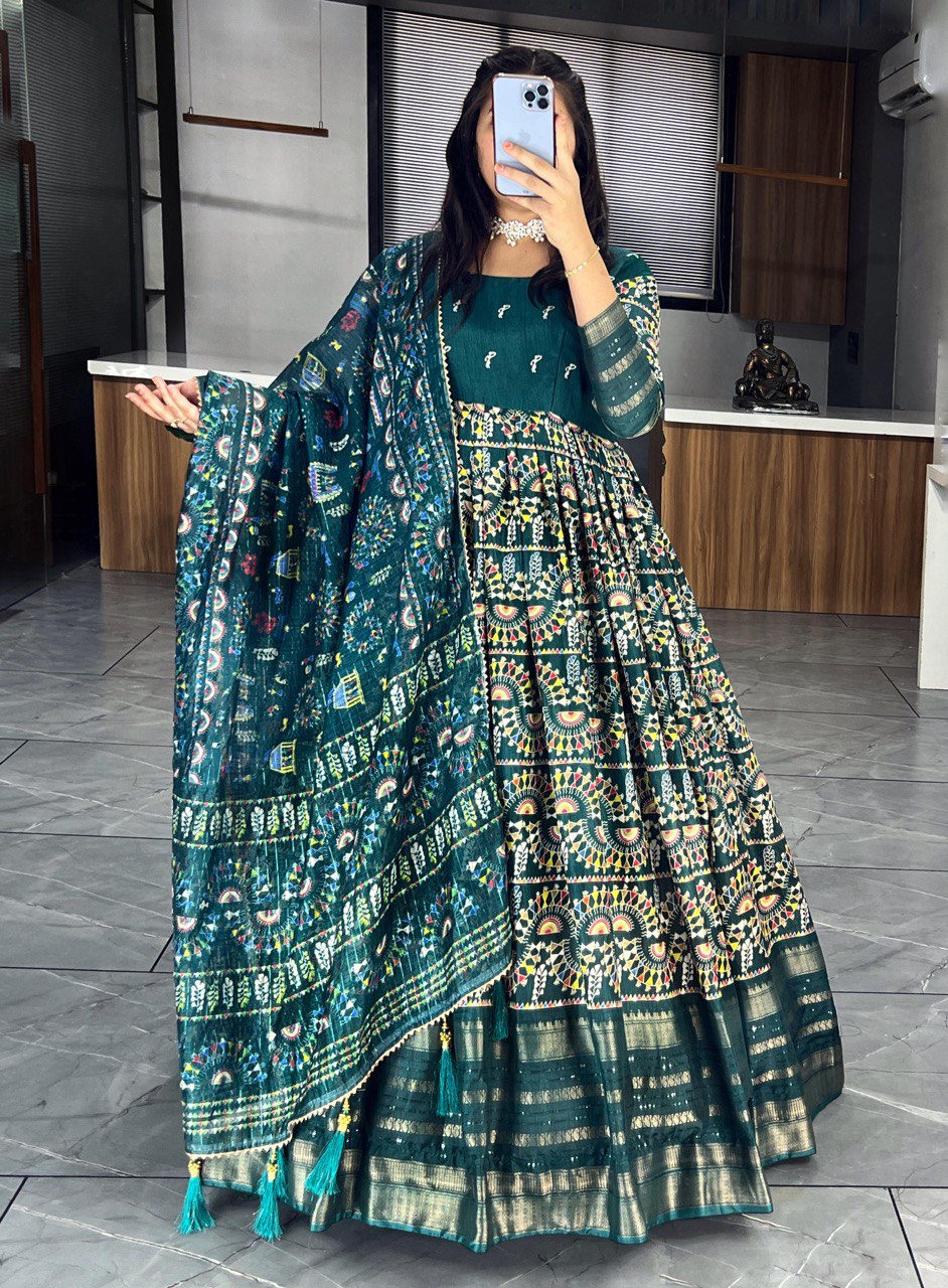 "Exquisite Soft Silk Kalamkari Printed Gown Set with Dupatta - Vibrant Colors, Elegant Design"