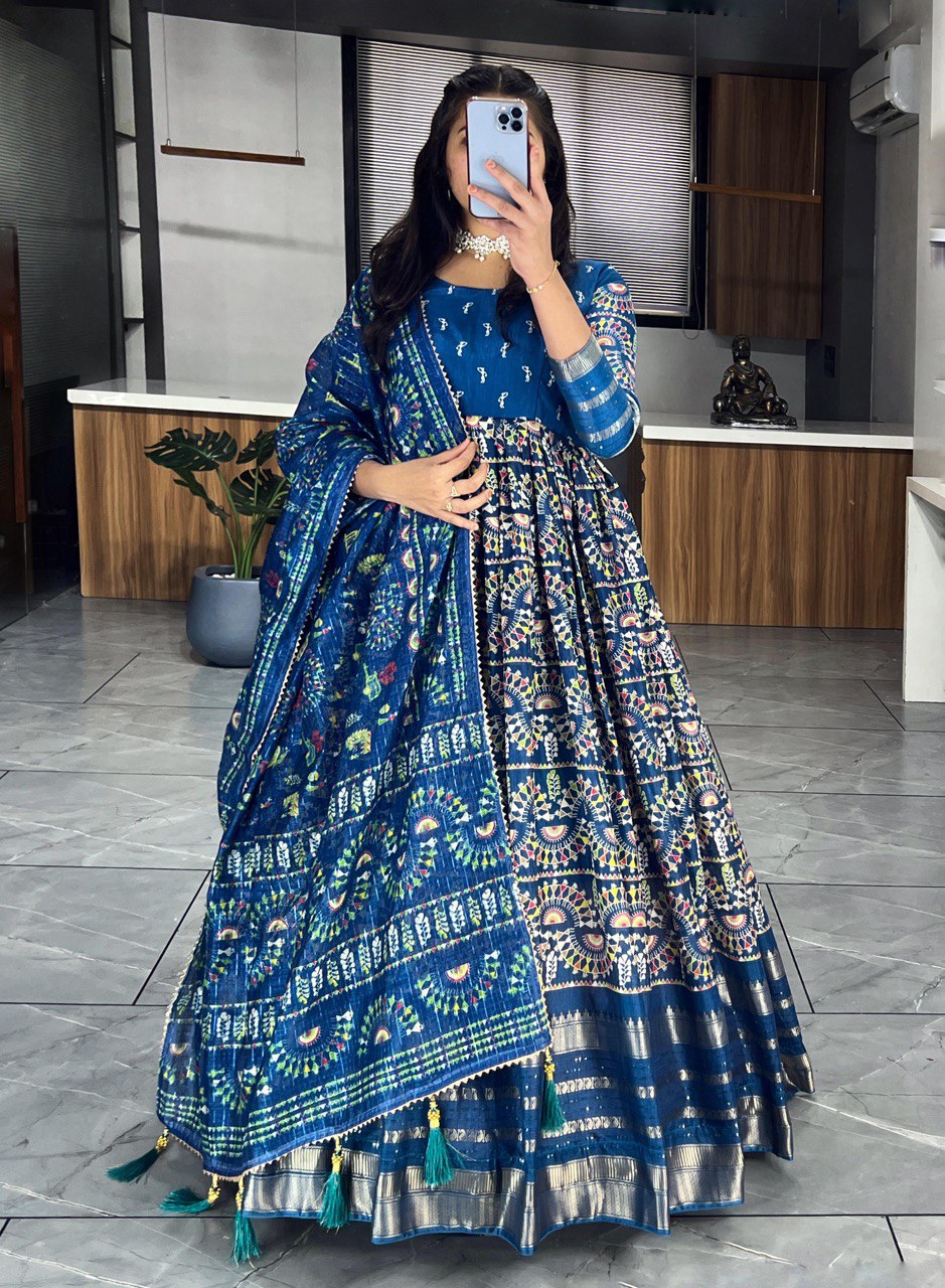 "Exquisite Soft Silk Kalamkari Printed Gown Set with Dupatta - Vibrant Colors, Elegant Design"