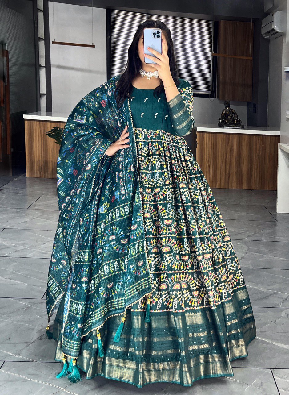 "Exquisite Soft Silk Kalamkari Printed Gown Set with Dupatta - Vibrant Colors, Elegant Design"