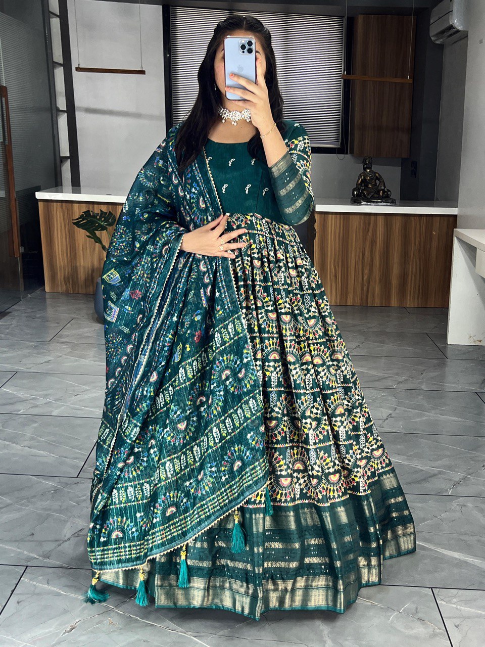 "Exquisite Soft Silk Kalamkari Printed Gown Set with Dupatta - Vibrant Colors, Elegant Design"