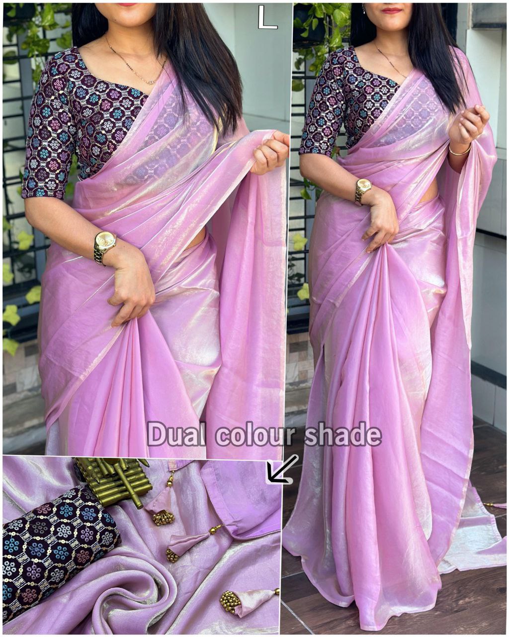 Luxury Dual Shade Fendy Satin Saree with Pearl Tassles & Blooming Georgette Blouse