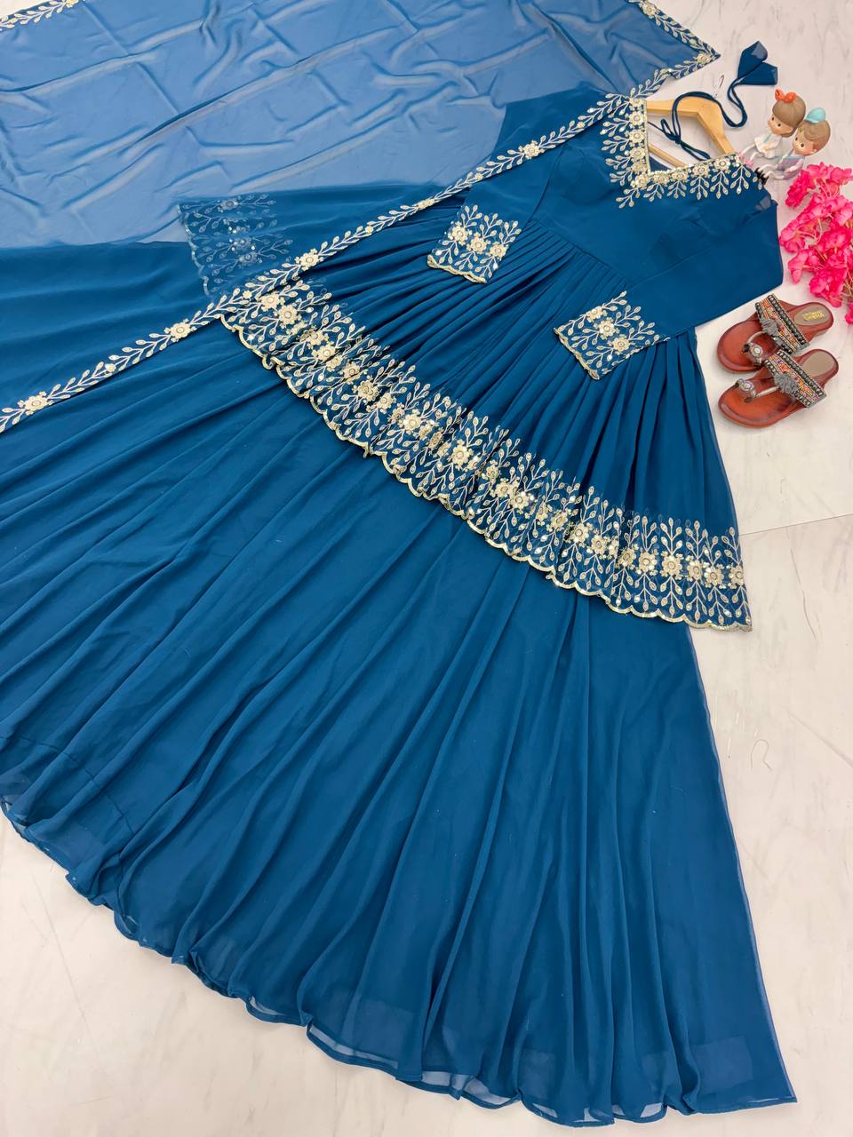 "Divine Georgette Embroidered Party Wear Top with Lehenga and Dupatta Set"
