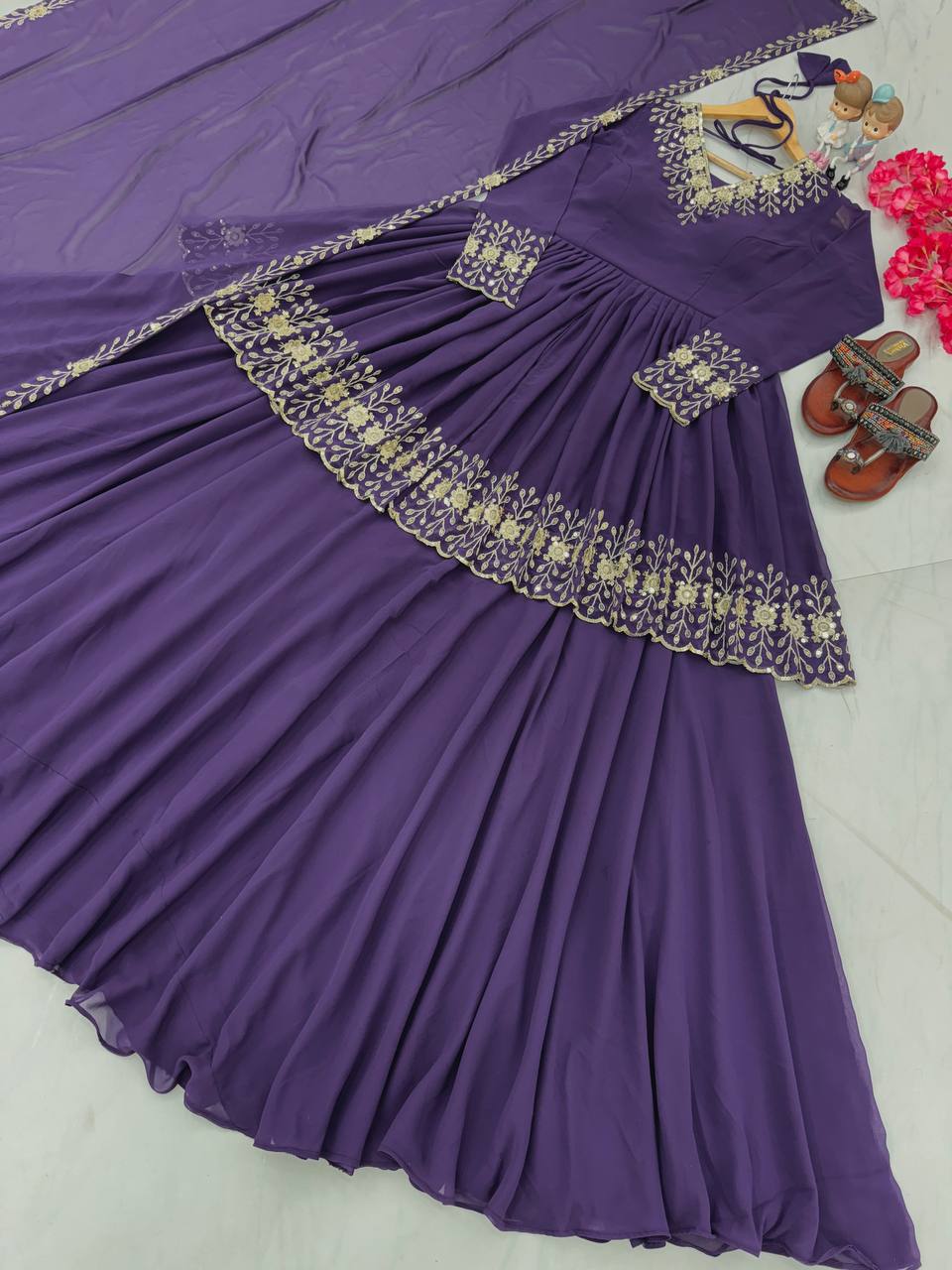 "Divine Georgette Embroidered Party Wear Top with Lehenga and Dupatta Set"
