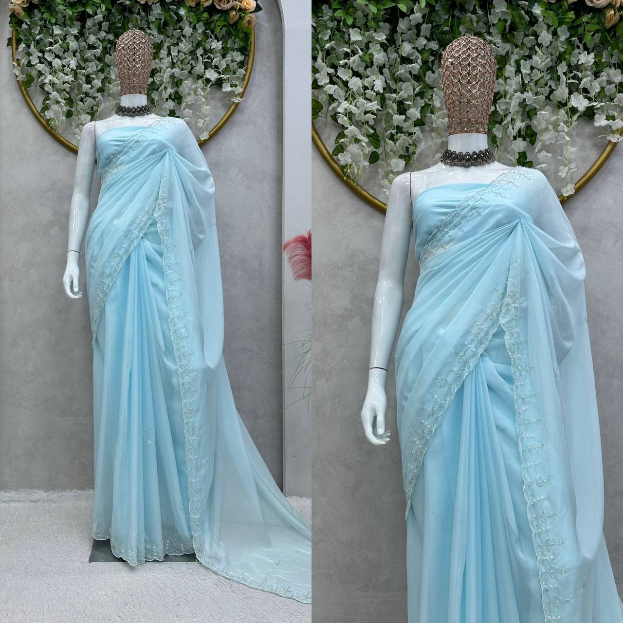 "Celestial Blue Handcrafted Tabby Silk Saree with Unstitched Blouse - Elegant Traditional Wear"