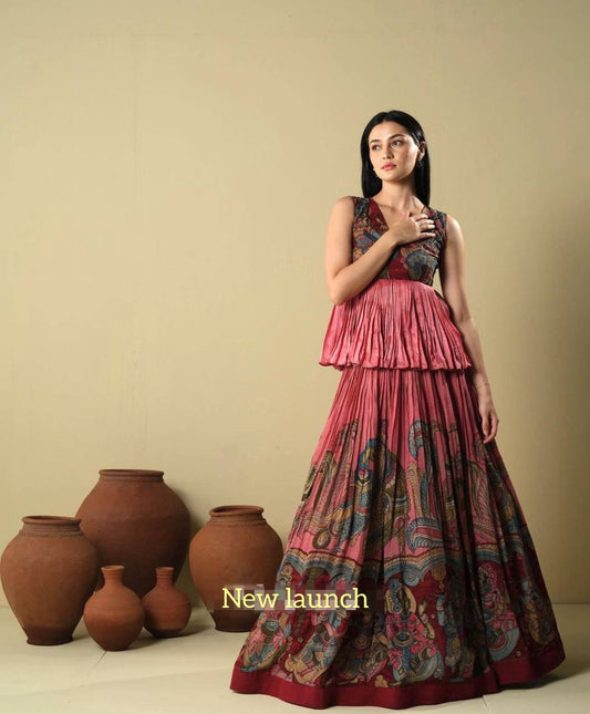 "Kalamkari Elegance: Chinon Crop Top Lehenga Set - Festive Fusion Delight"