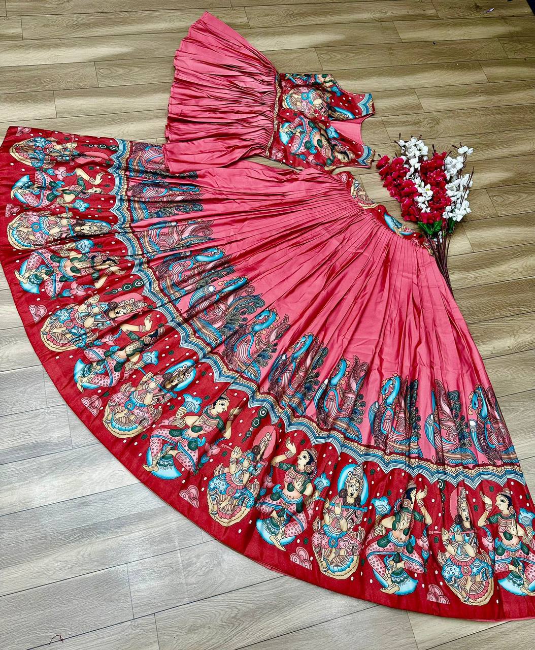 "Kalamkari Elegance: Chinon Crop Top Lehenga Set - Festive Fusion Delight"