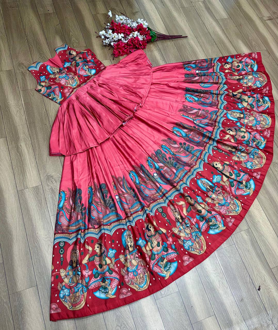 "Kalamkari Elegance: Chinon Crop Top Lehenga Set - Festive Fusion Delight"