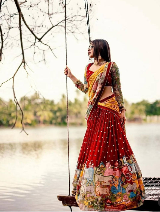 "Sreeleela Inspired Kalamkari Lehenga Choli: Exquisite Fox Georgette Ensemble"