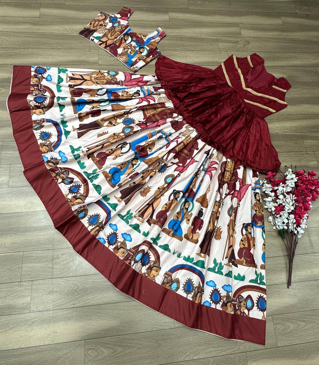 "Kalamkari Festival Lehenga Choli Set with Matching Shrug - Chent Crepe Ensemble"