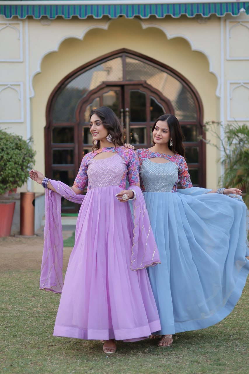 "Floral Fantasy: Lavender & Sky Blue Premium Georgette Gown with Embroidered Dupatta"