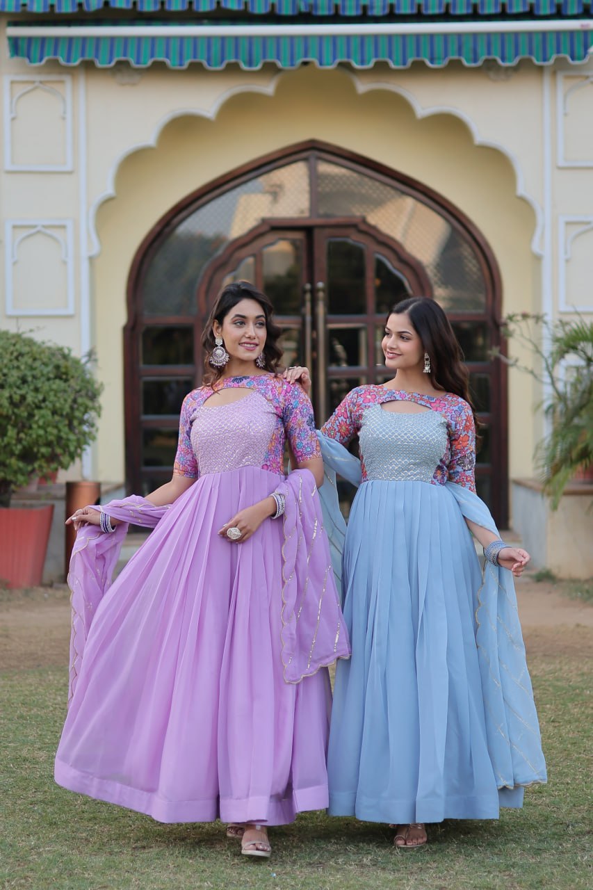 "Floral Fantasy: Lavender & Sky Blue Premium Georgette Gown with Embroidered Dupatta"