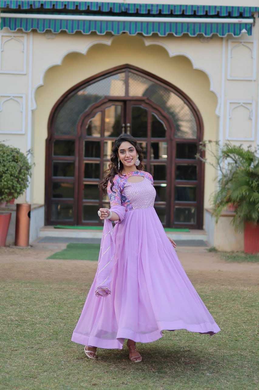 "Floral Fantasy: Lavender & Sky Blue Premium Georgette Gown with Embroidered Dupatta"