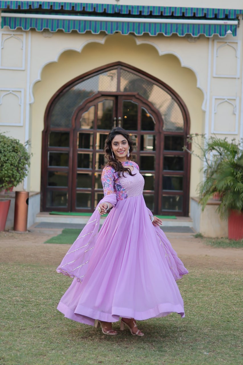 "Floral Fantasy: Lavender & Sky Blue Premium Georgette Gown with Embroidered Dupatta"