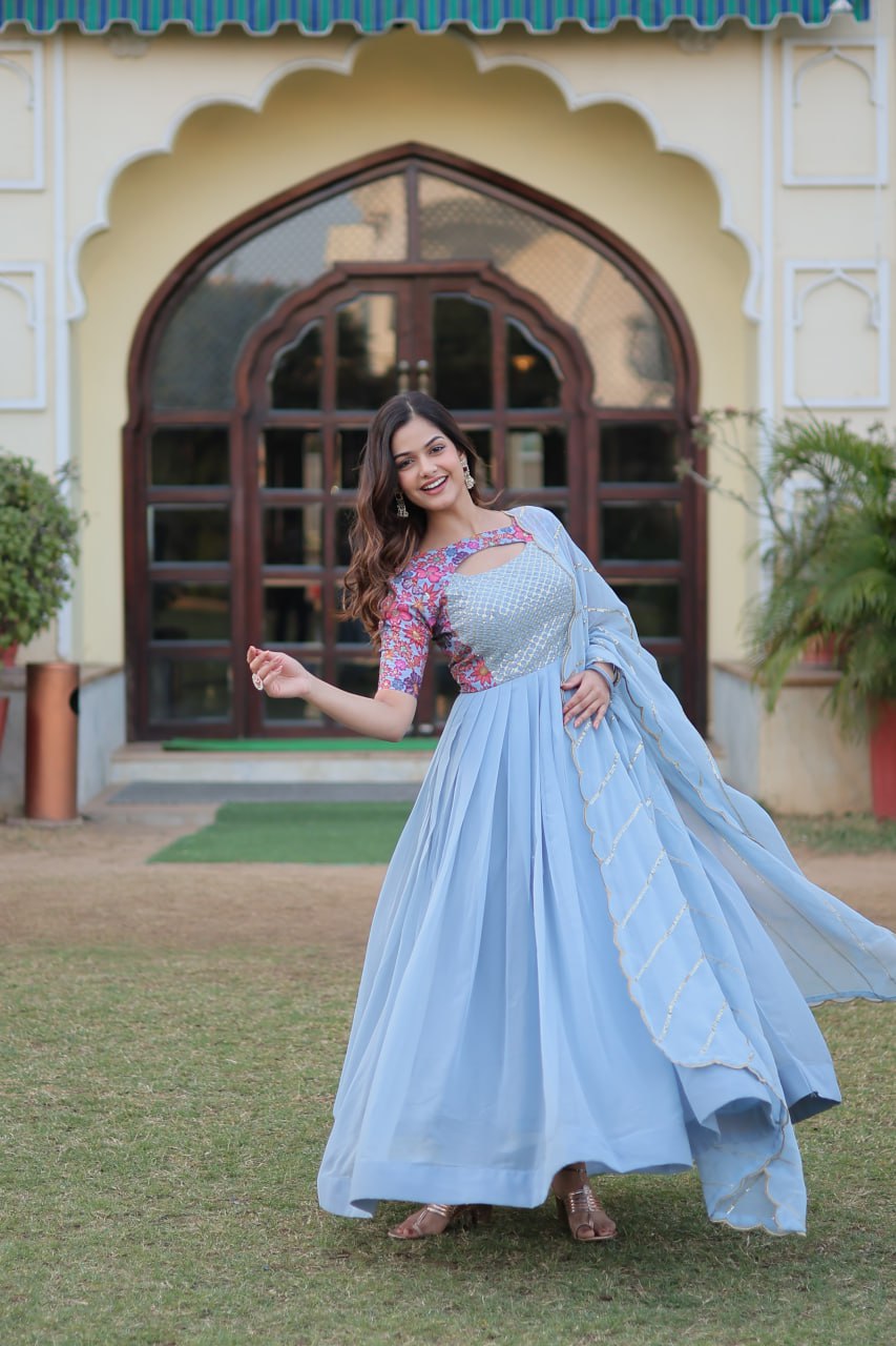 "Floral Fantasy: Lavender & Sky Blue Premium Georgette Gown with Embroidered Dupatta"