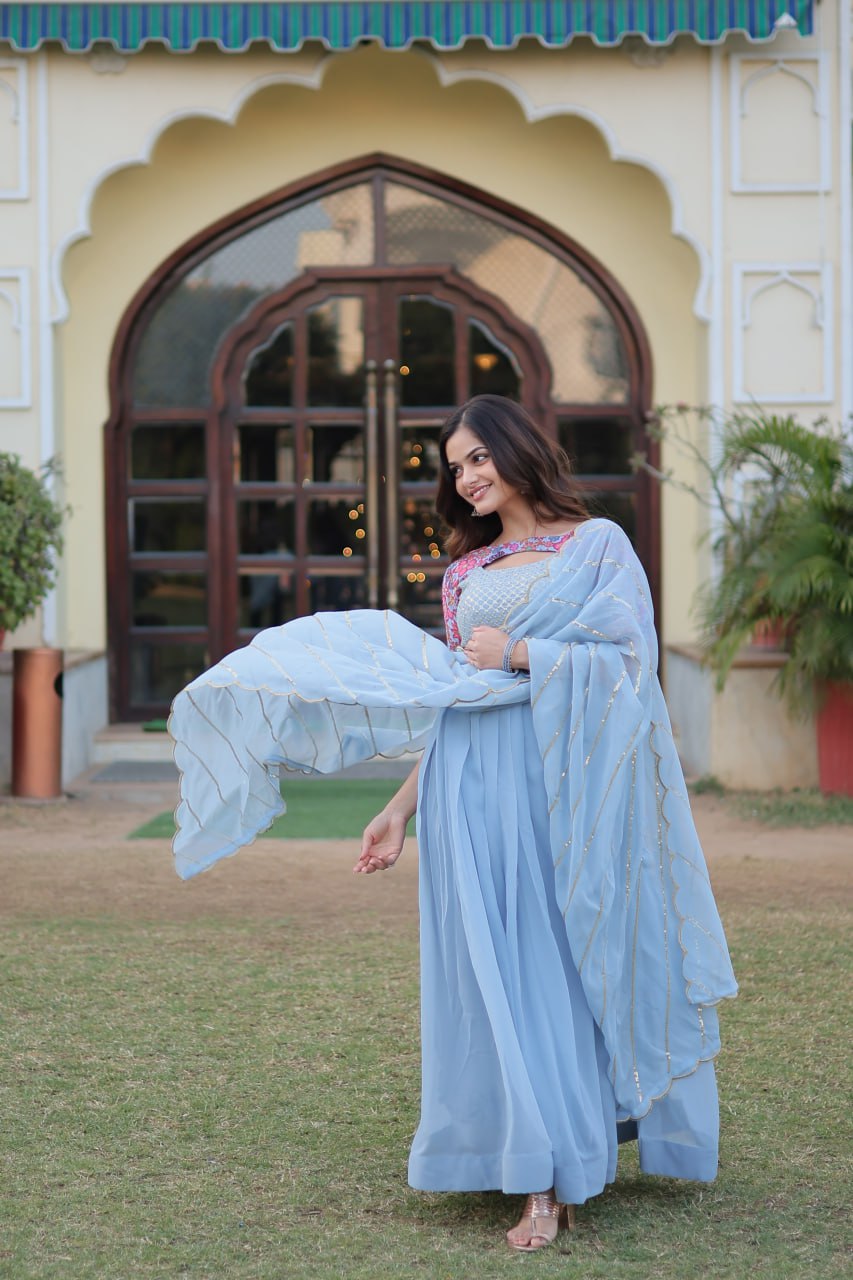 "Floral Fantasy: Lavender & Sky Blue Premium Georgette Gown with Embroidered Dupatta"