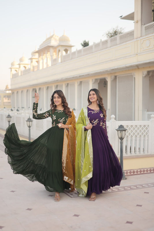 "Enchanting Faux Georgette Gown with Russian Silk Dupatta - Embroidered Threadwork Elegance"