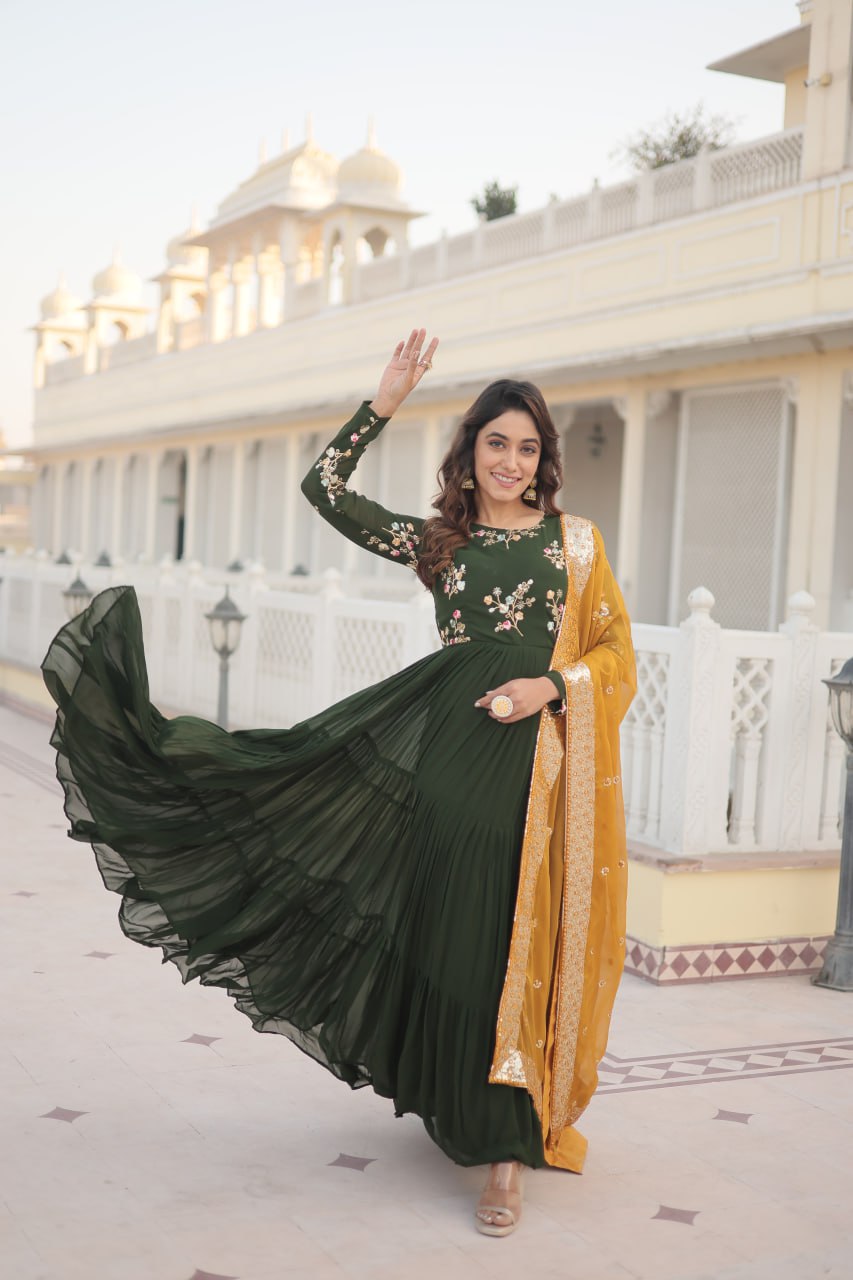 "Enchanting Faux Georgette Gown with Russian Silk Dupatta - Embroidered Threadwork Elegance"