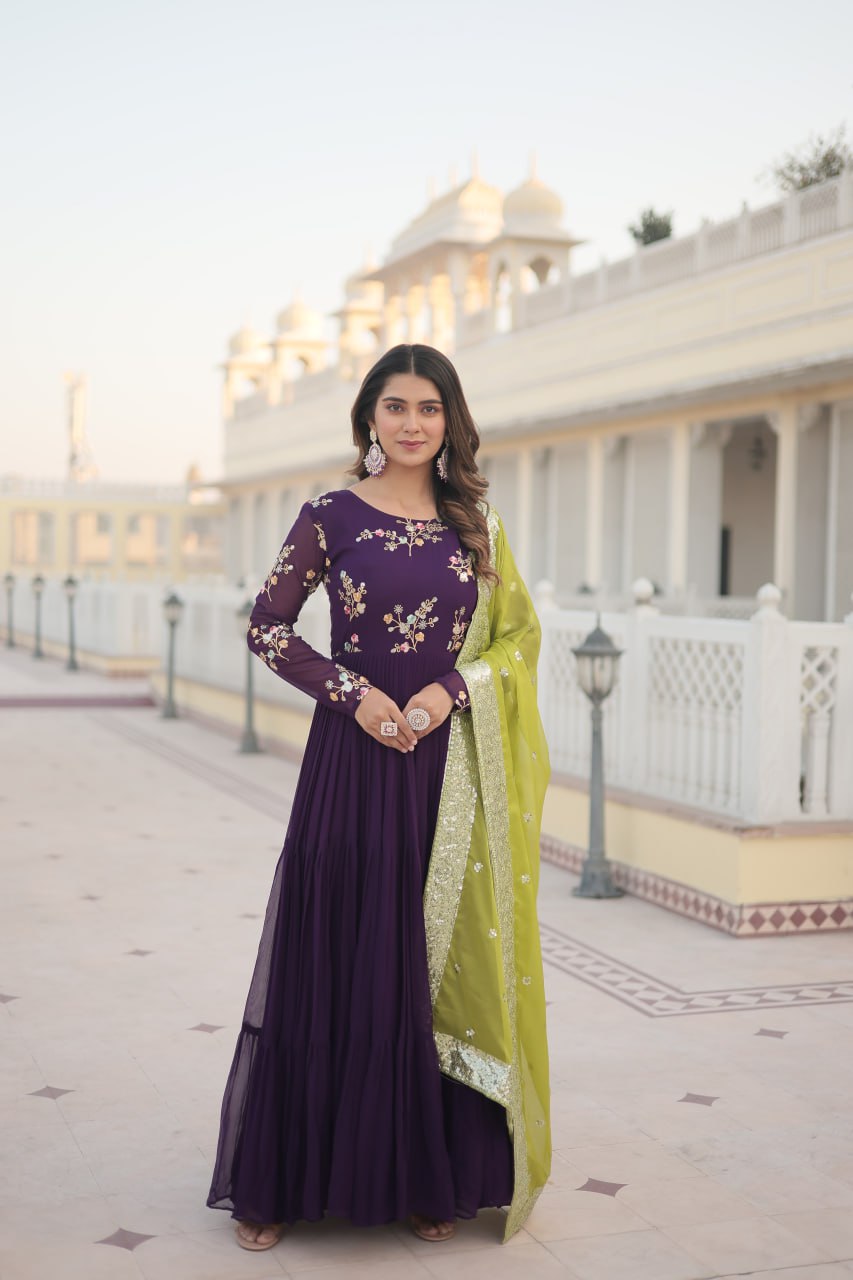 "Enchanting Faux Georgette Gown with Russian Silk Dupatta - Embroidered Threadwork Elegance"