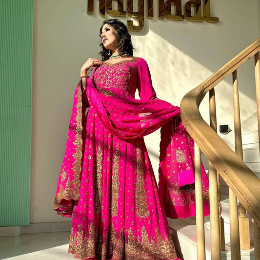 "Enchanting Pink Georgette Gown Set: Zari Sequin Embellished Top, Palazzo & Dupatta"