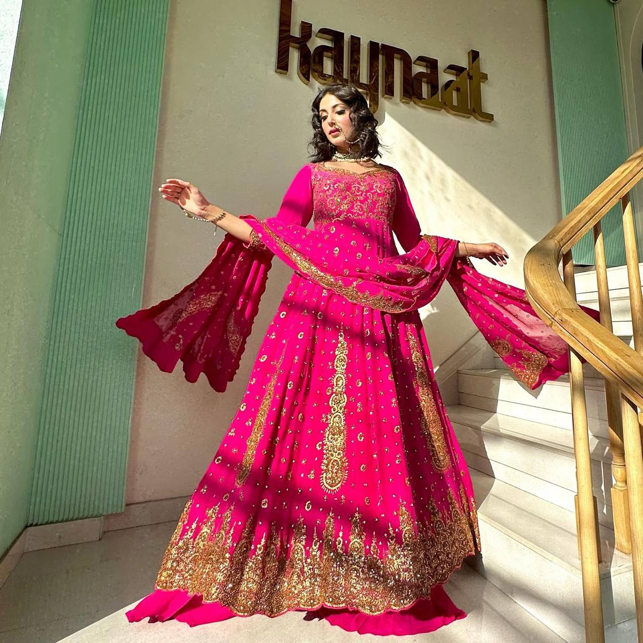 "Enchanting Pink Georgette Gown Set: Zari Sequin Embellished Top, Palazzo & Dupatta"