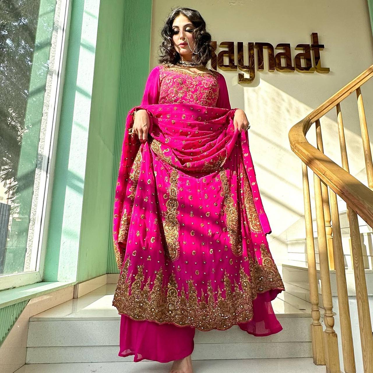 "Enchanting Pink Georgette Gown Set: Zari Sequin Embellished Top, Palazzo & Dupatta"