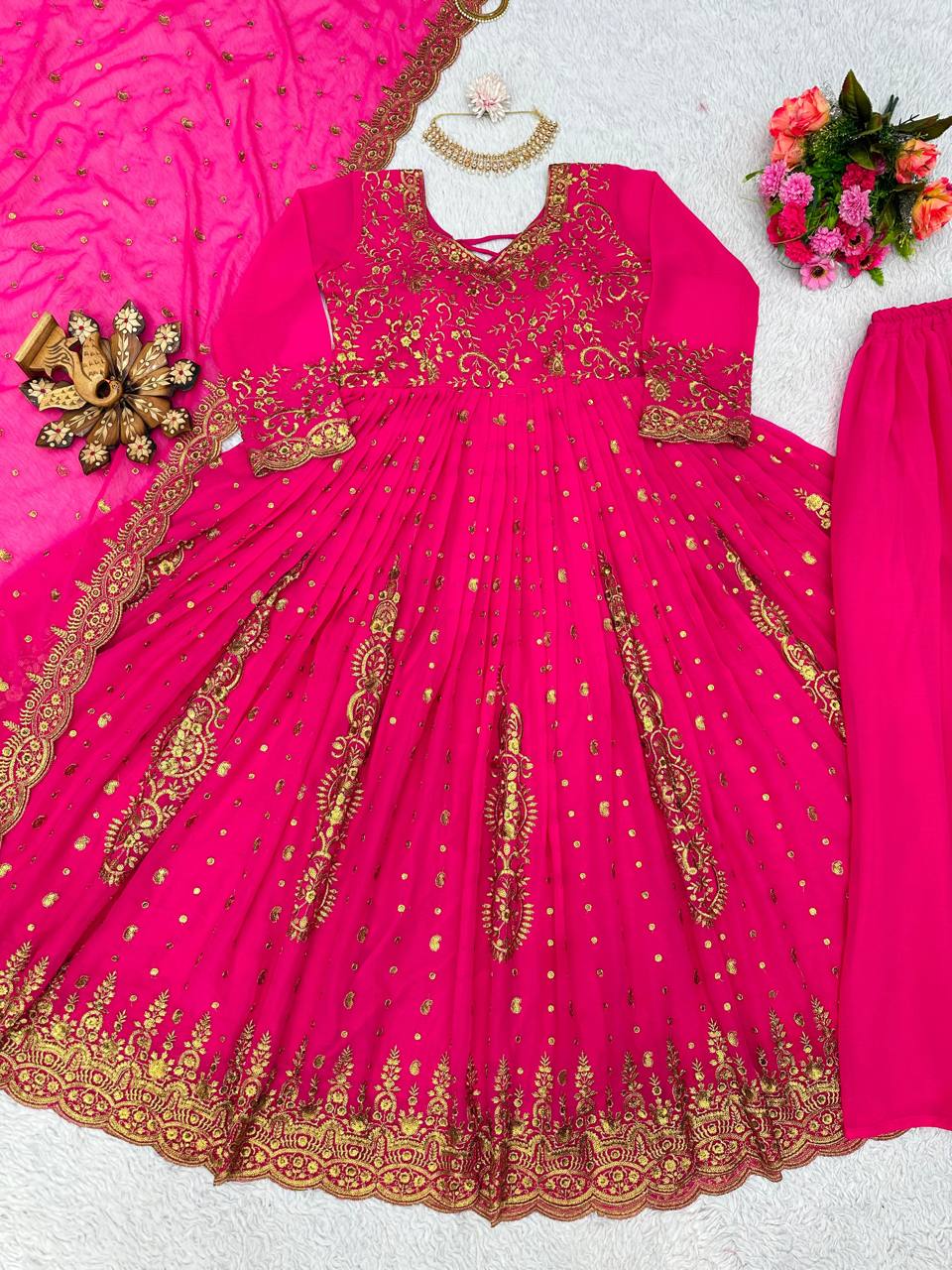 "Enchanting Pink Georgette Gown Set: Zari Sequin Embellished Top, Palazzo & Dupatta"