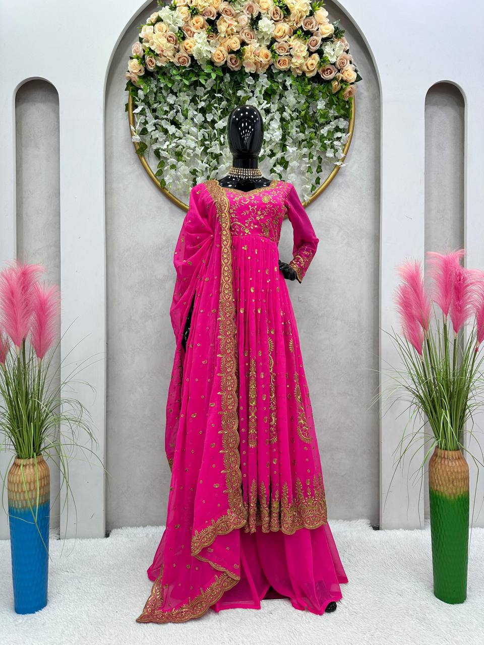 "Enchanting Pink Georgette Gown Set: Zari Sequin Embellished Top, Palazzo & Dupatta"