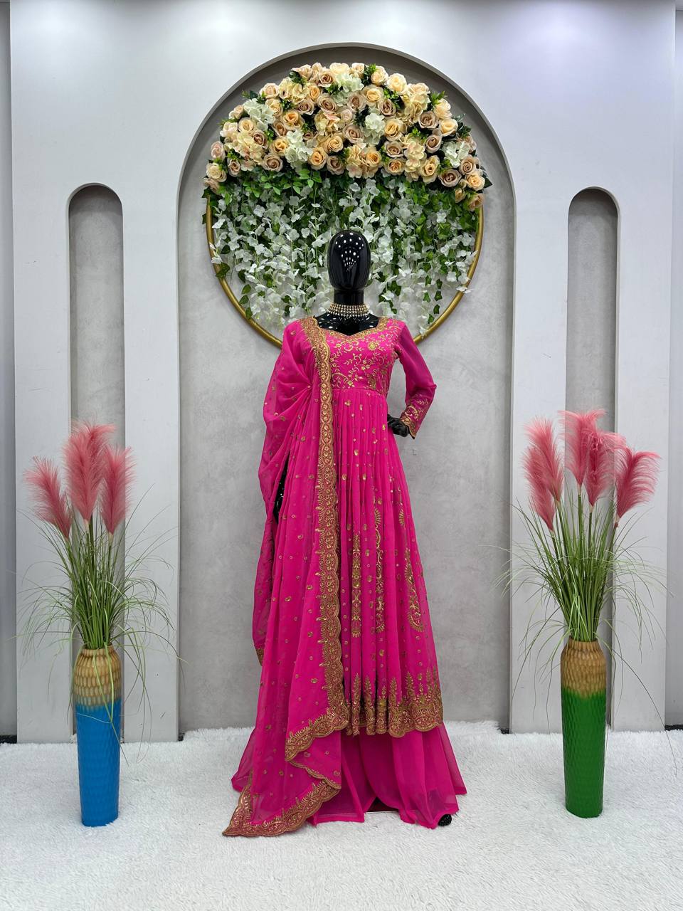 "Enchanting Pink Georgette Gown Set: Zari Sequin Embellished Top, Palazzo & Dupatta"