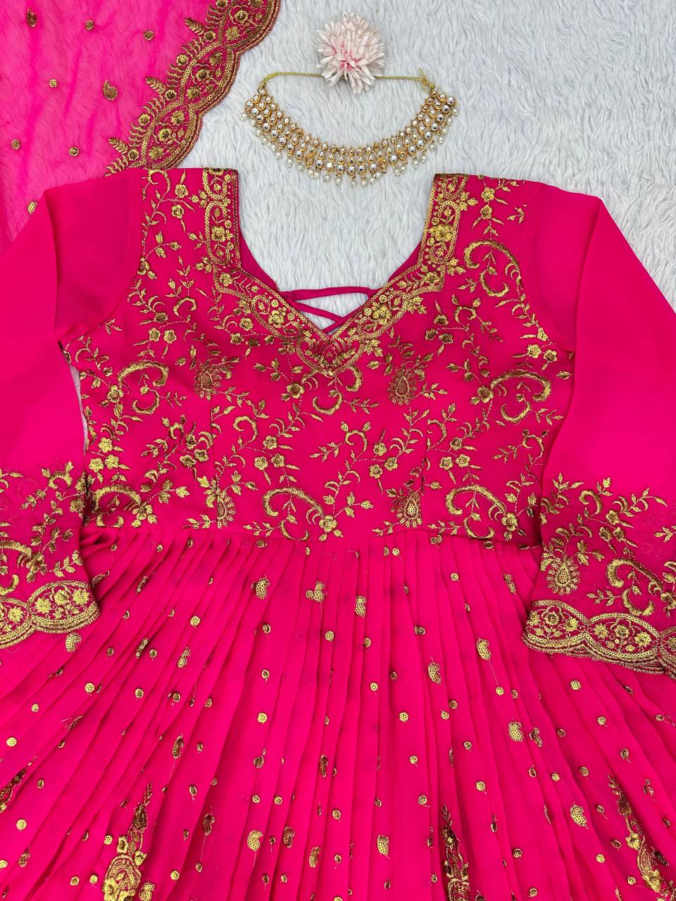 "Enchanting Pink Georgette Gown Set: Zari Sequin Embellished Top, Palazzo & Dupatta"