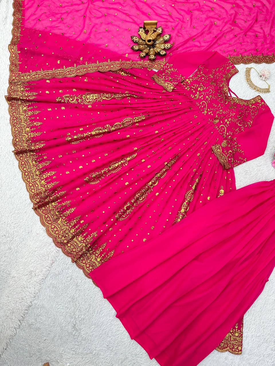 "Enchanting Pink Georgette Gown Set: Zari Sequin Embellished Top, Palazzo & Dupatta"