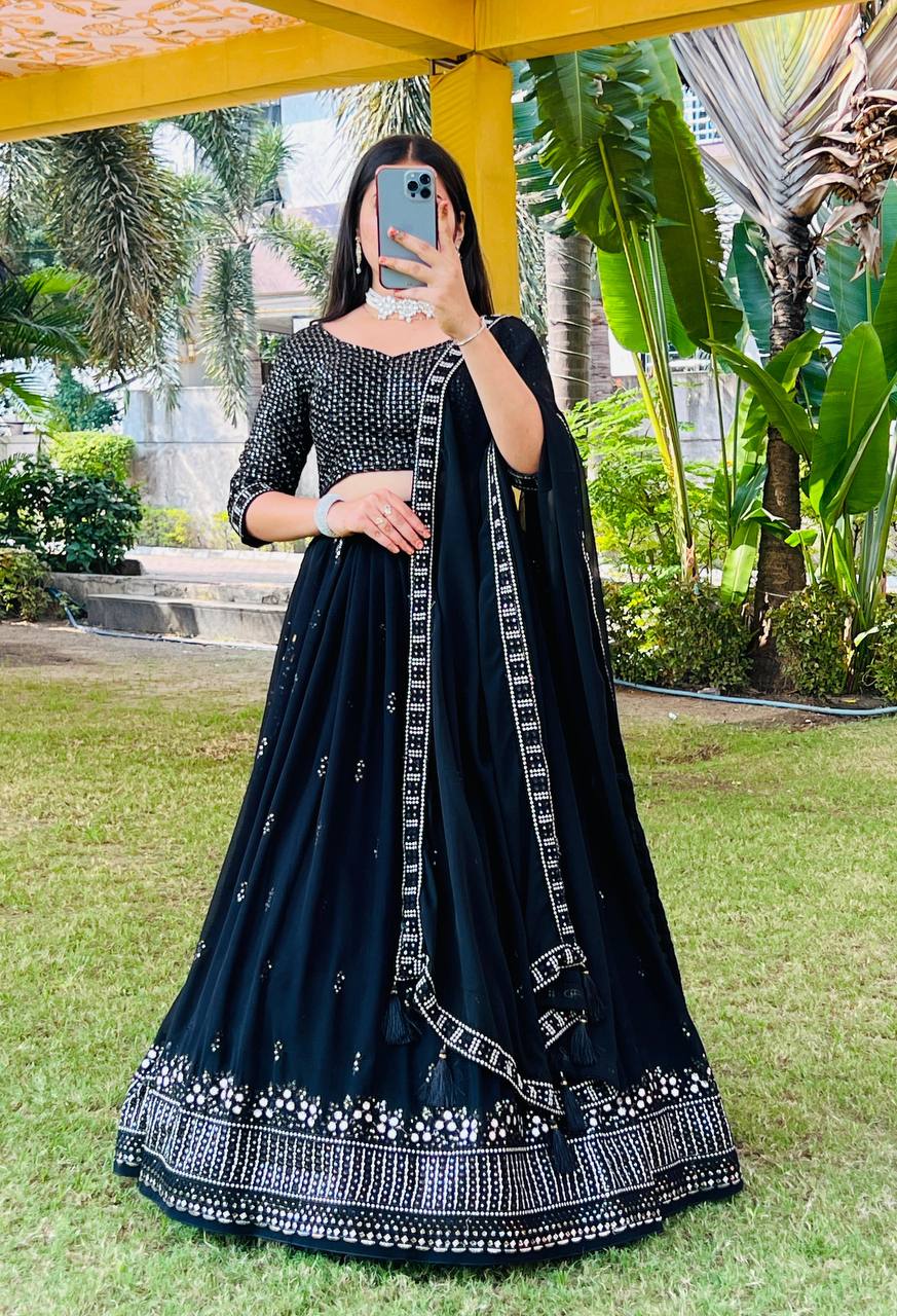 "Opulent Elegance: Black Embroidery Lehenga Set with Heavy Georgette Fabric"