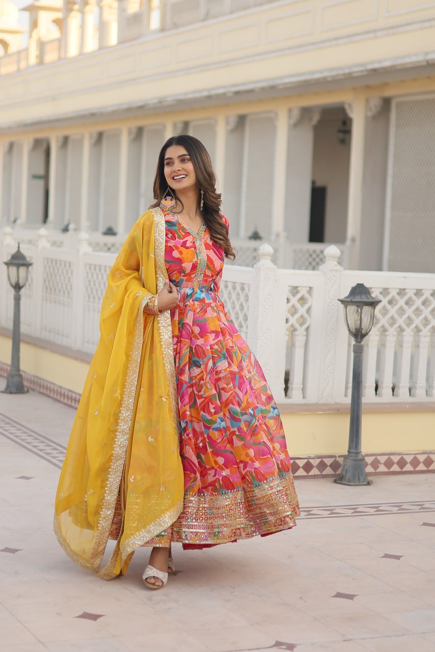 "Digital Printed Russian Silk Gown Set with Embroidery - Elegant Flair for Every Occasion"