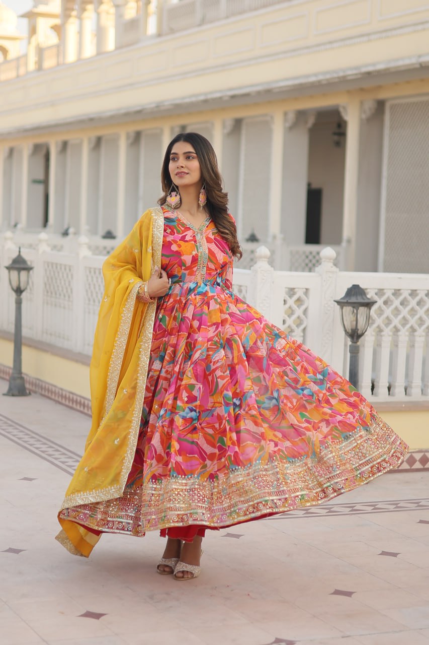 "Digital Printed Russian Silk Gown Set with Embroidery - Elegant Flair for Every Occasion"