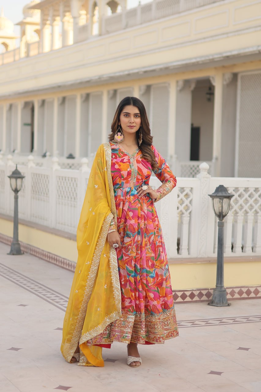 "Digital Printed Russian Silk Gown Set with Embroidery - Elegant Flair for Every Occasion"