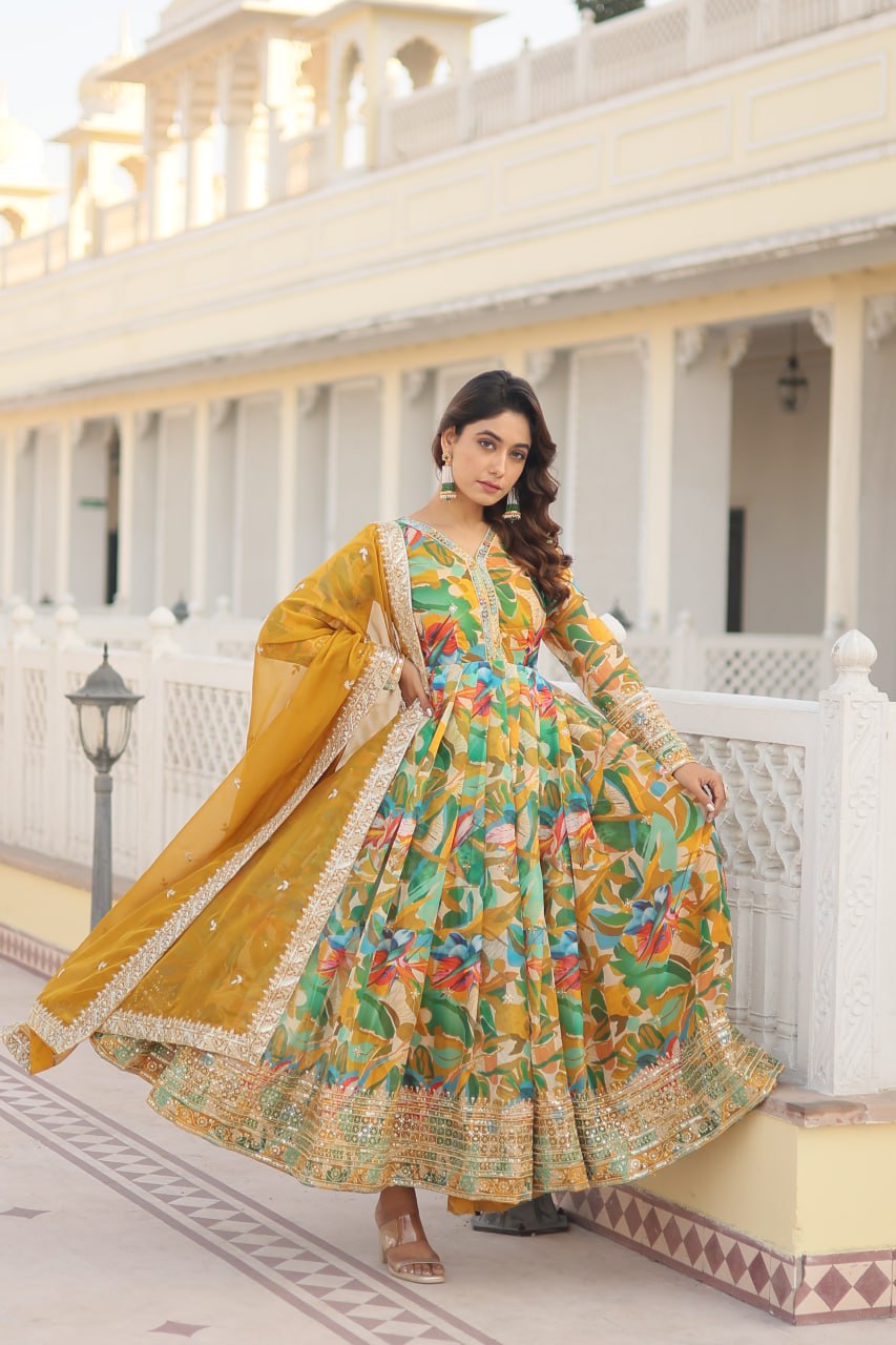 "Digital Printed Russian Silk Gown Set with Embroidery - Elegant Flair for Every Occasion"