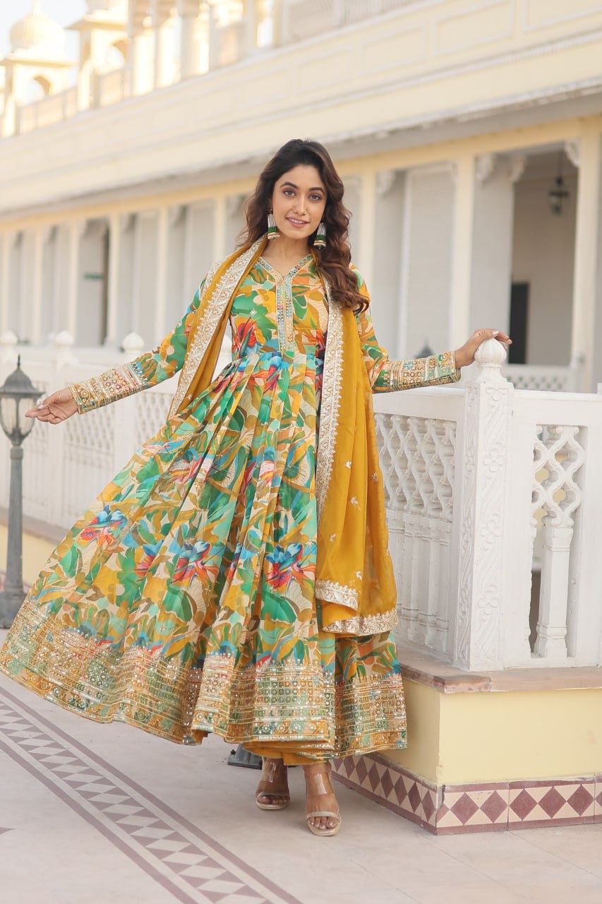 "Digital Printed Russian Silk Gown Set with Embroidery - Elegant Flair for Every Occasion"