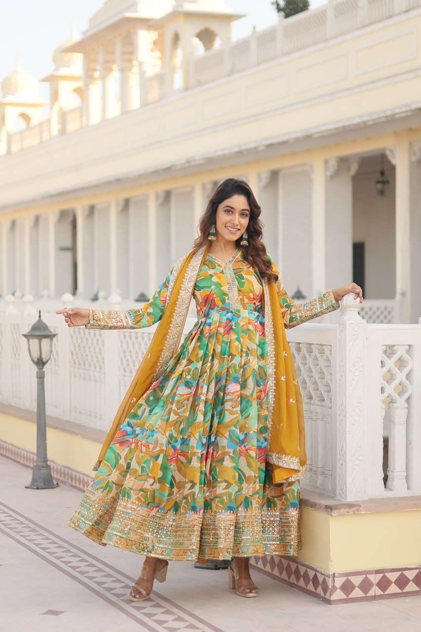 "Digital Printed Russian Silk Gown Set with Embroidery - Elegant Flair for Every Occasion"