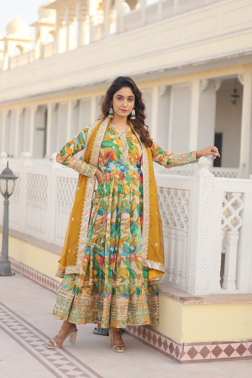 "Digital Printed Russian Silk Gown Set with Embroidery - Elegant Flair for Every Occasion"