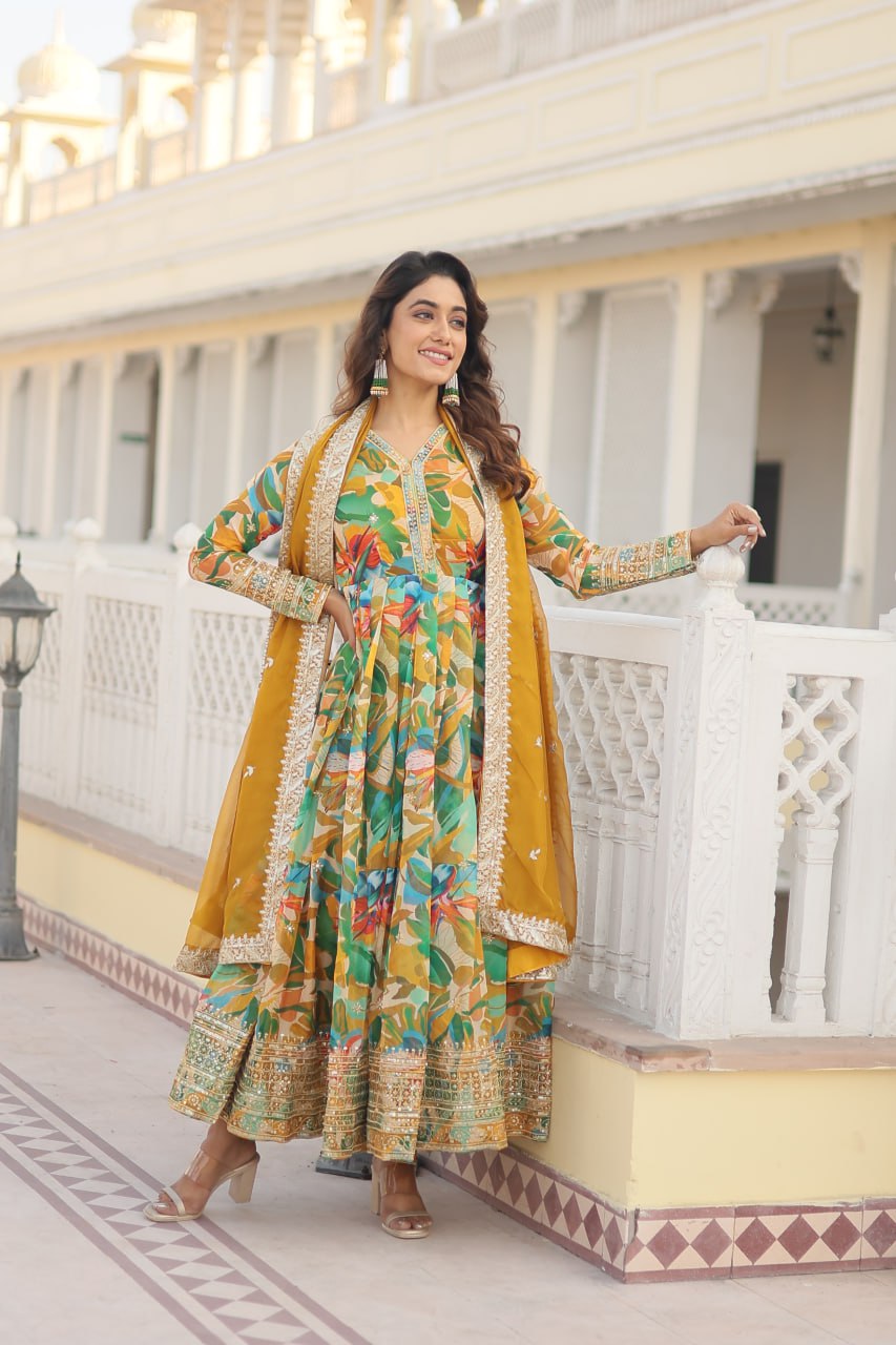 "Digital Printed Russian Silk Gown Set with Embroidery - Elegant Flair for Every Occasion"