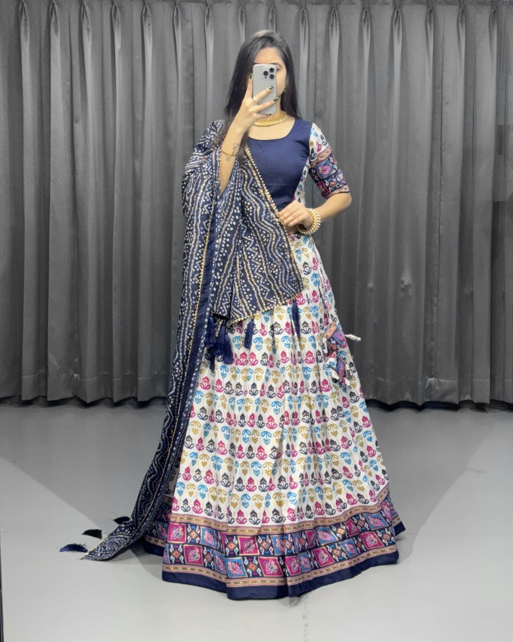 "Exquisite Zig Zag Print & Foil Work Cotton Lehenga Set - Traditional Elegance for Wedding Season"