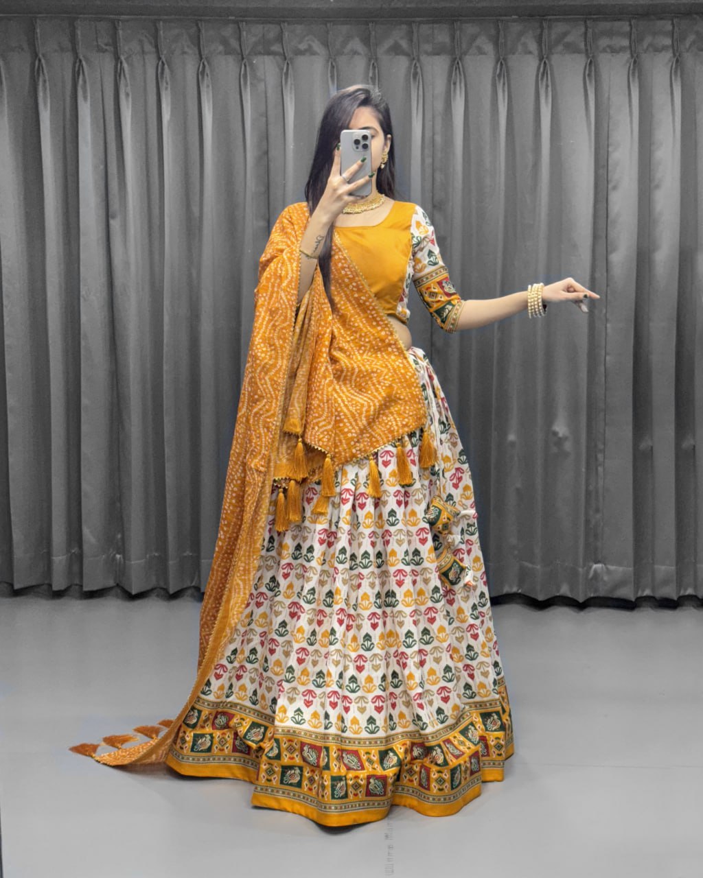 "Exquisite Zig Zag Print & Foil Work Cotton Lehenga Set - Traditional Elegance for Wedding Season"