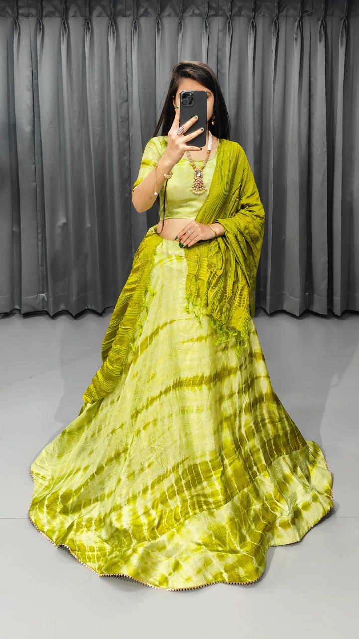 "Shibori Splendor: Premium Dola Silk Lehenga Ensemble with Chanderi Silk Dupatta"