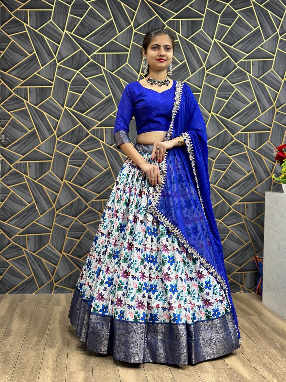 "Digital Print Festival Lehenga Choli Ensemble: Jacquard Weave & Embroidered Georgette Dupatta"