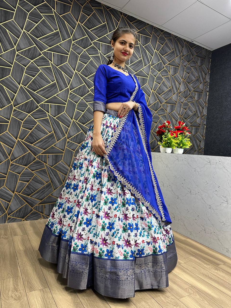 "Digital Print Festival Lehenga Choli Ensemble: Jacquard Weave & Embroidered Georgette Dupatta"