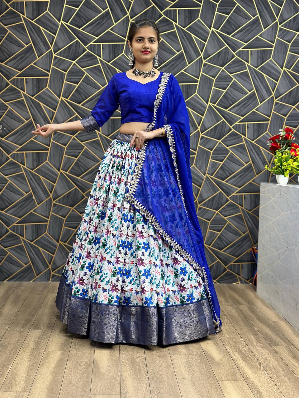 "Digital Print Festival Lehenga Choli Ensemble: Jacquard Weave & Embroidered Georgette Dupatta"