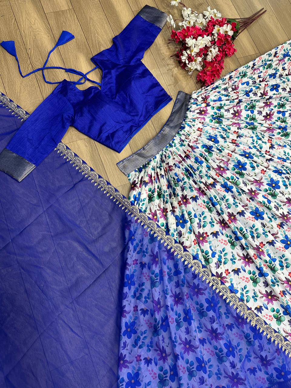 "Digital Print Festival Lehenga Choli Ensemble: Jacquard Weave & Embroidered Georgette Dupatta"