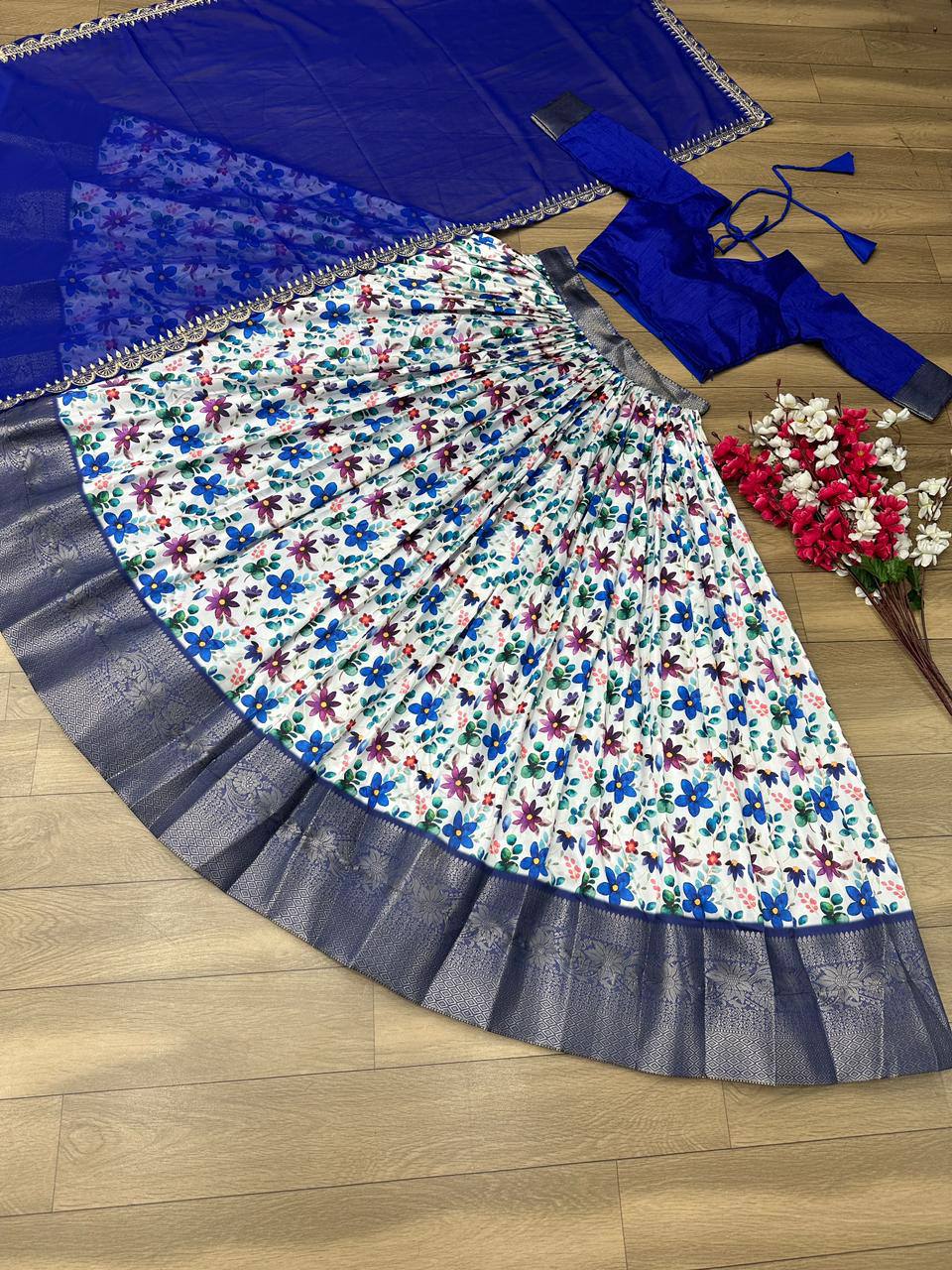 "Digital Print Festival Lehenga Choli Ensemble: Jacquard Weave & Embroidered Georgette Dupatta"