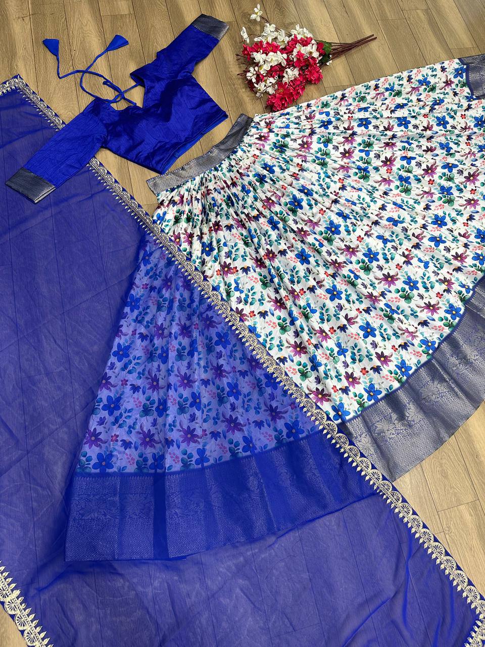 "Digital Print Festival Lehenga Choli Ensemble: Jacquard Weave & Embroidered Georgette Dupatta"