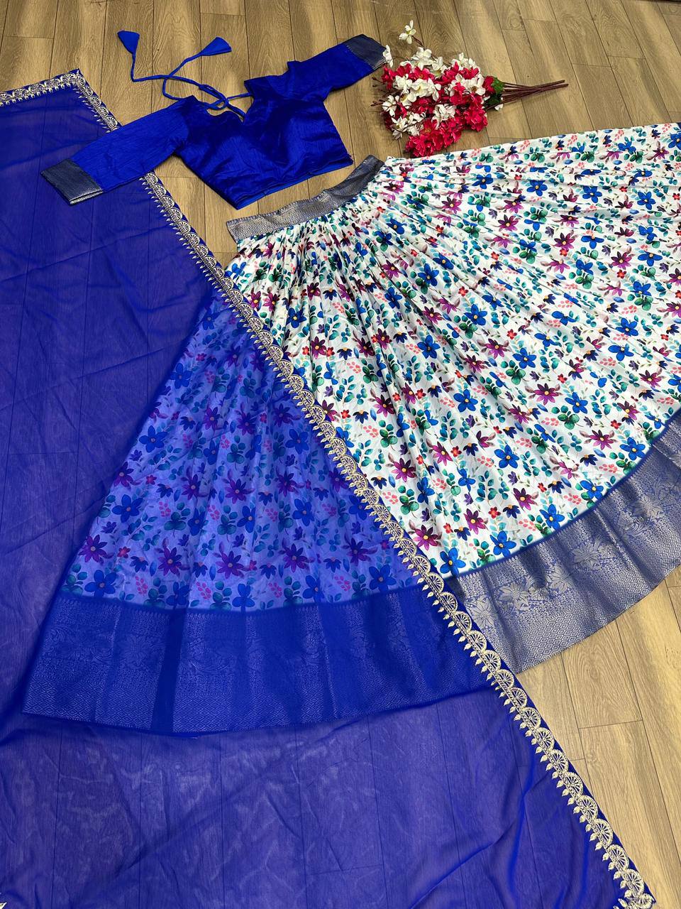 "Digital Print Festival Lehenga Choli Ensemble: Jacquard Weave & Embroidered Georgette Dupatta"